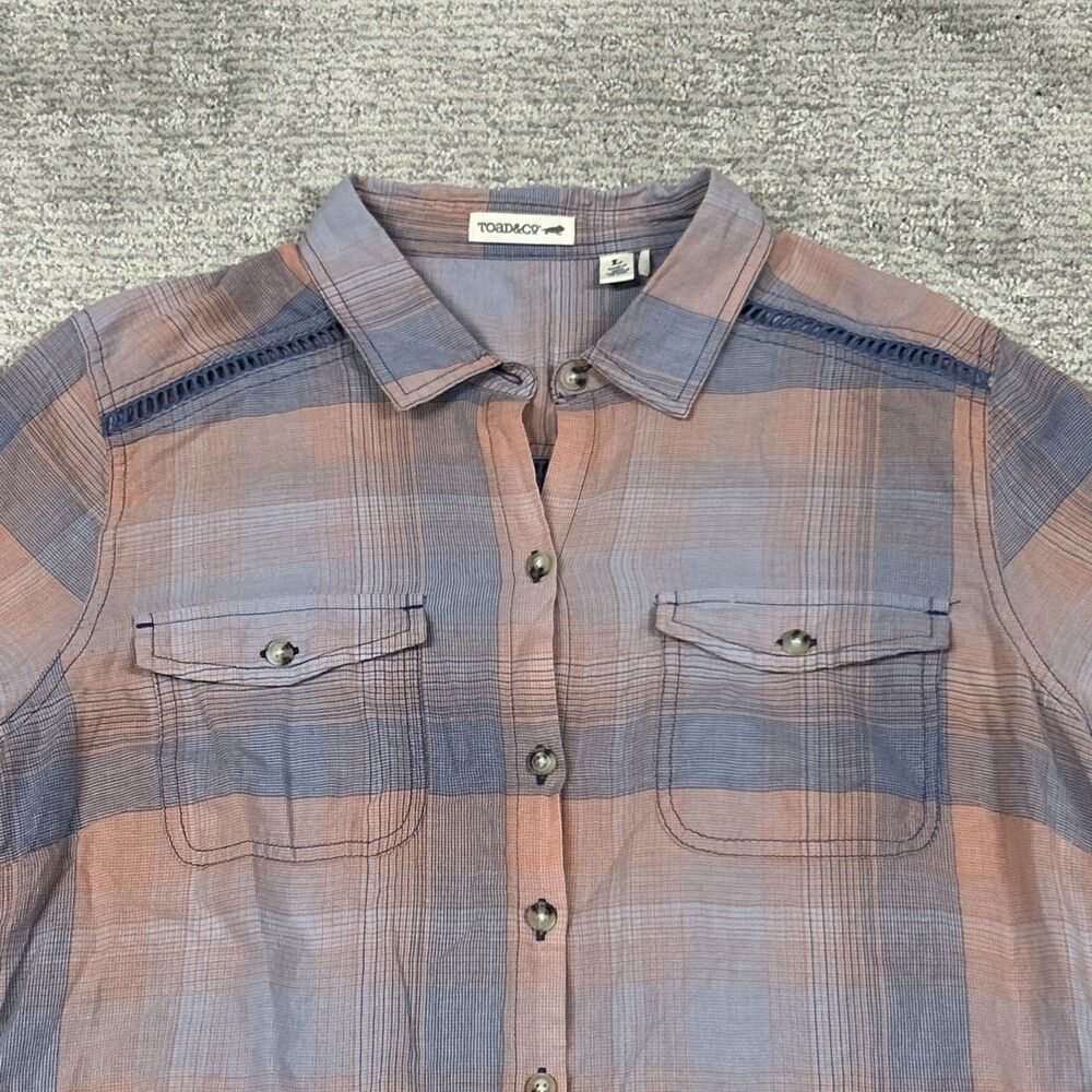 Toad & Co Shirt Womens Large Airbrush Deco Button Blue Pink Plaid Organic Cotton - Picture 7 of 9